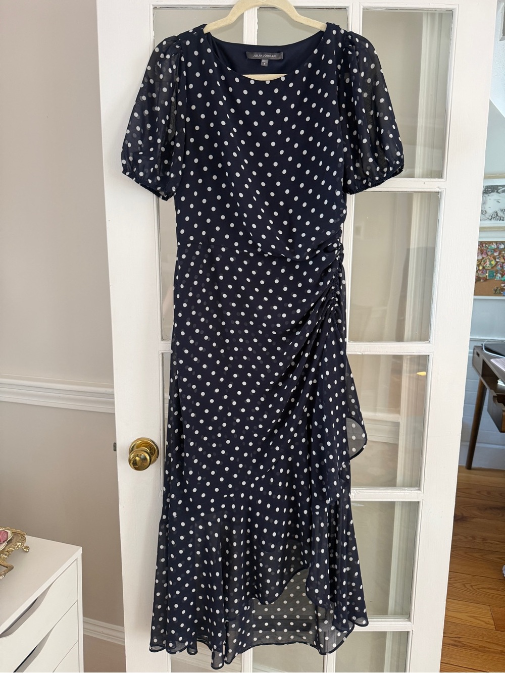 julia jordan navy and white polka dot midi dress